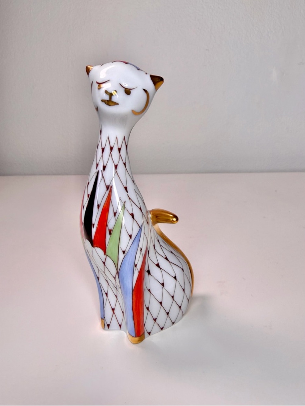 Vintage Hollóháza Hand Painted Porcelain Fishnet Cat Figurine - Hungary